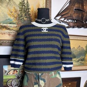 CHANEL Olive Green & Navy Striped Crewneck Sweater with White Trim